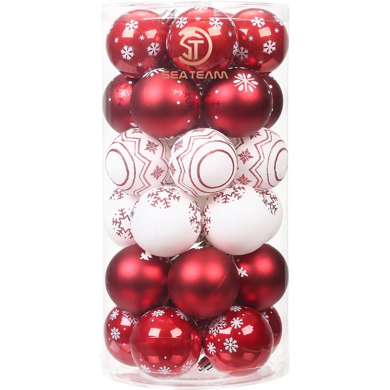 Sea Team 60mm/2.36" Delicate Contrast Color Theme Painting & Glittering Christmas Tree Pendants Decorative Hanging Christmas Baubles Balls Ornaments Set - 30 Pieces (Red & White) - Image 1